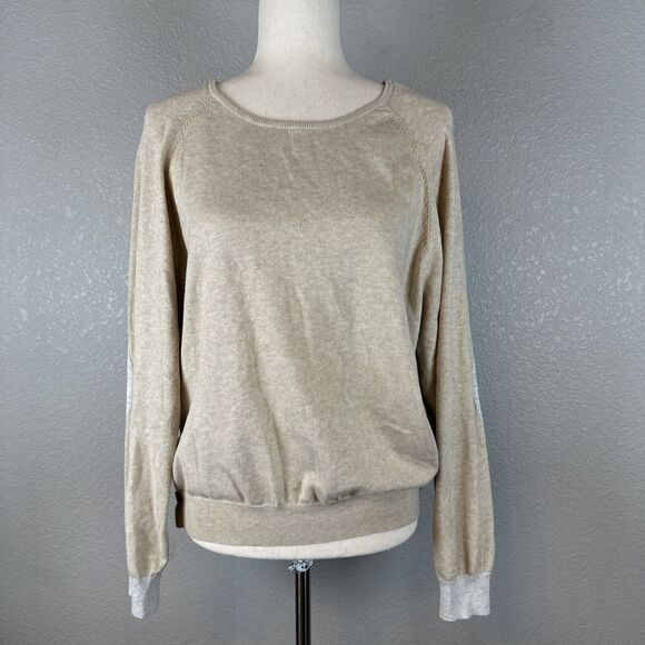 J McLaughlin Womens Contrast Sweater Size XL Beige Gray Cotton Modal Elbow Patch - Picture 1 of 8